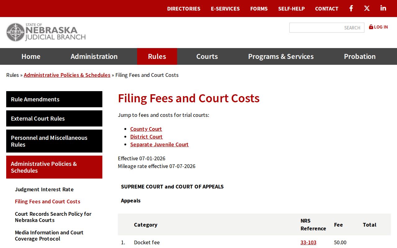 Box Butte civil docket Nebraska filing fee schedule