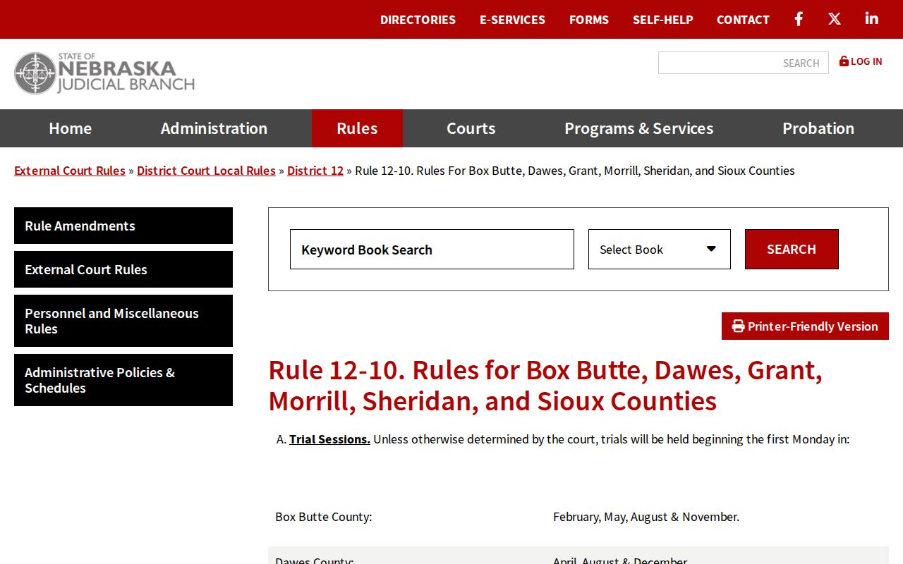Box Butte court calendar showing the District 12 trial-session rule